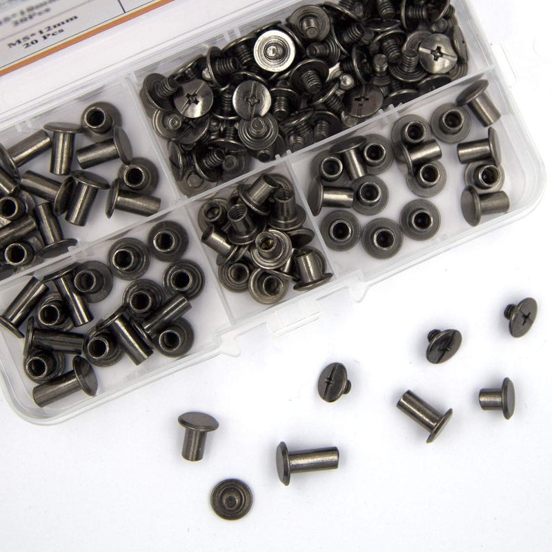 ALLOYPRO 80 Sets Chicago Screws Assorted Kit 4 Sizes Gun Metal Leather Rivets 1/4 5/16 3/8 1/2 Screw Rivets Slotted Phillip Head Book Binding Posts Nail Rivet Chicago Bolt for DIY Leather Craft M5 - Image 4